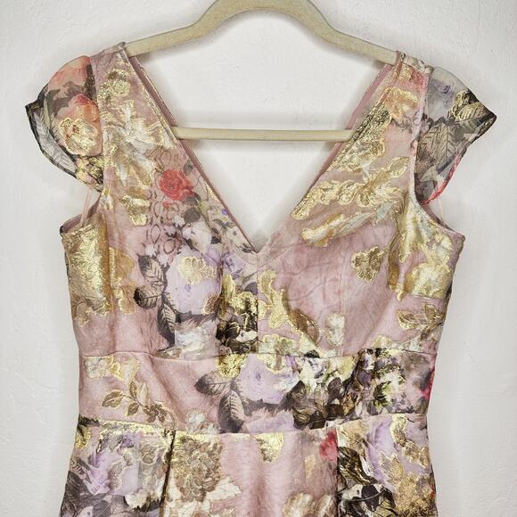 Rickie Freeman Teri Jon Gold Floral Pleated Fit and Flare Midi Cocktail Dress 8 - Picture 3 of 14